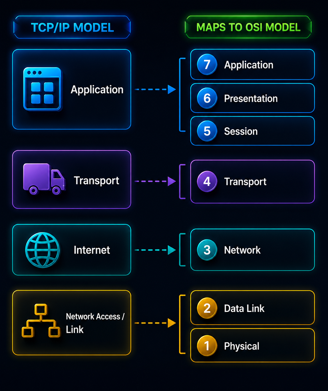 TCP/IP 4 Layers Mapped to OSI 7 Layers